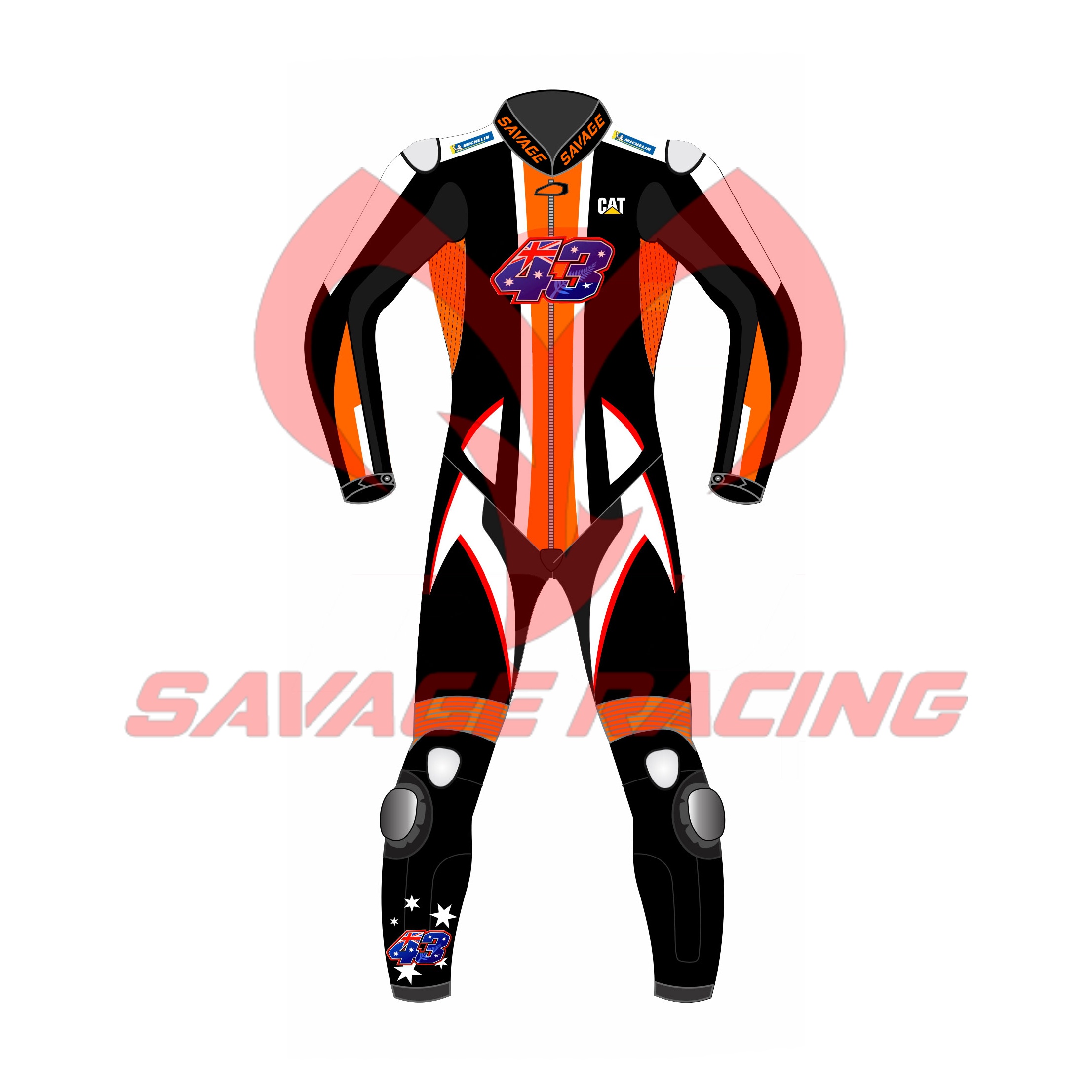 Jack Miller KTM Winter Test 2022 Race Suit – Front View | Savage Racing Front view of Jack Miller KTM 2022 Winter Test race suit with orange-black design, #43 logo, and Savage Racing branding
