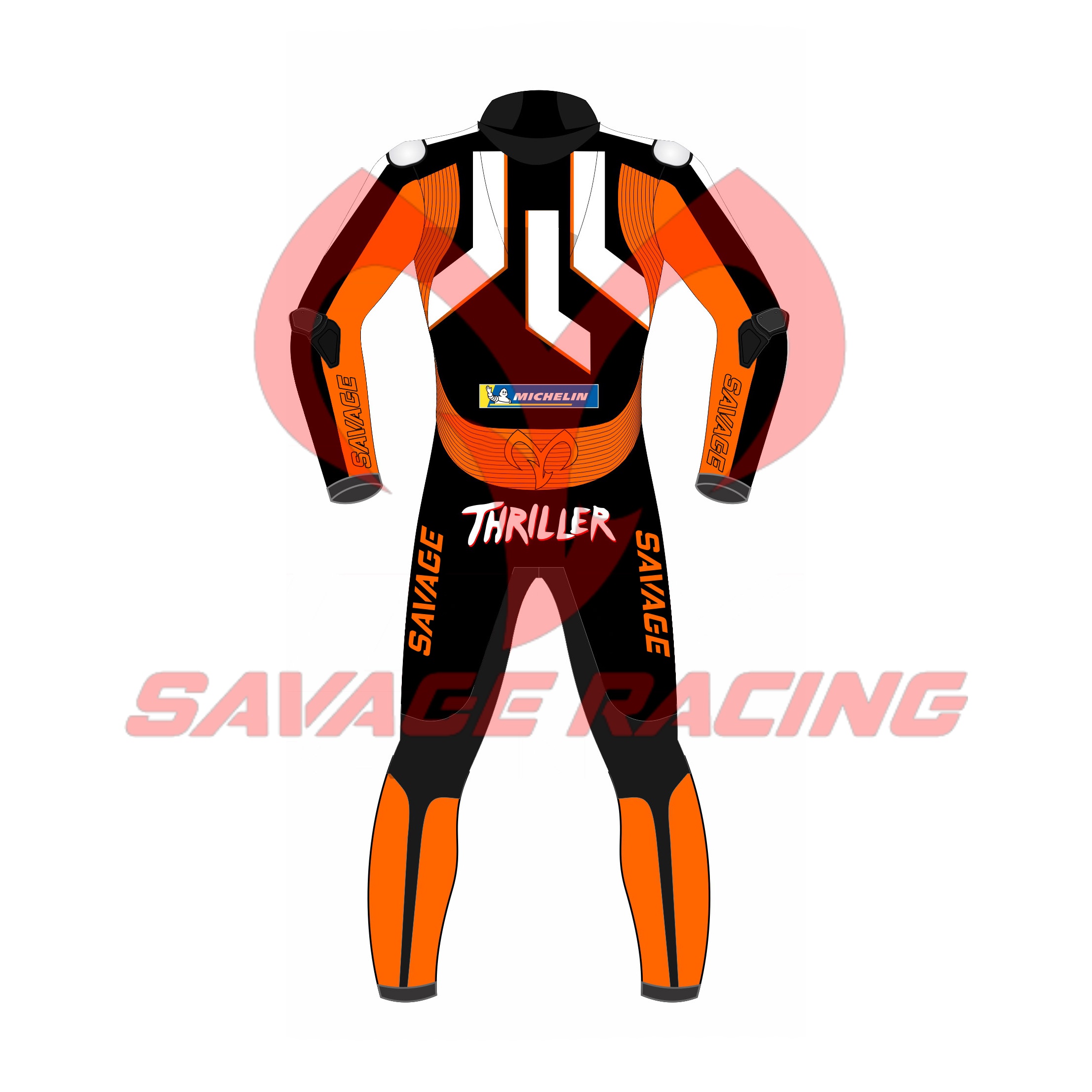 Jack Miller KTM Winter Test 2022 Race Suit – Back View | Savage Racing Back view of Jack Miller KTM 2022 Winter Test racing suit with Thriller branding and Savage Racing orange-black layout