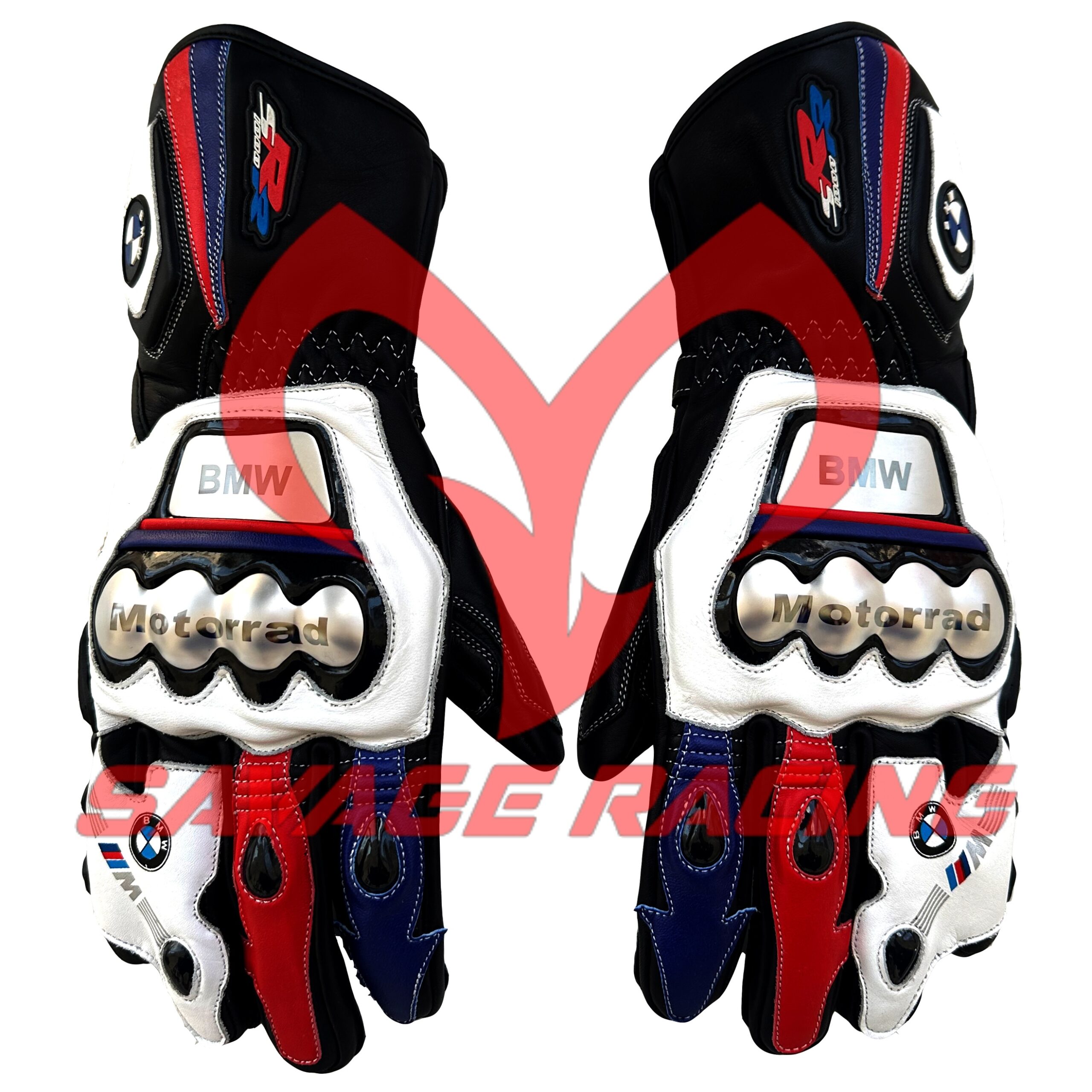 BMW S1000RR Racing Leather Gloves – Premium Track Riding Protection BMW S1000RR inspired motorbike leather gloves with red, white, and blue design
