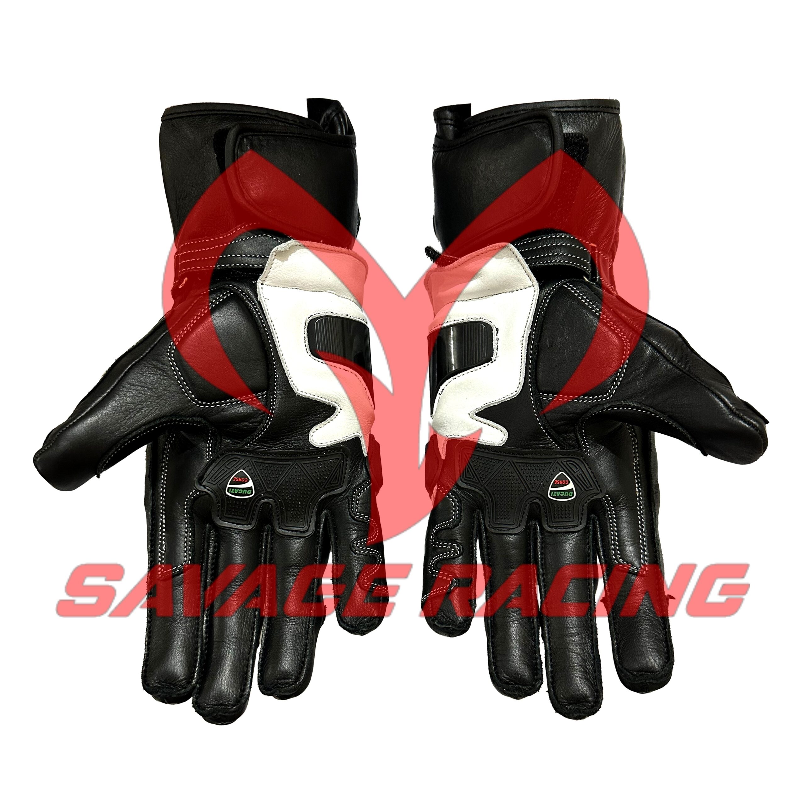 Ducati Corse Racing Gloves – Palm Design with Anti-Slip Zones Palm view of Ducati Corse leather racing gloves with Italian flag details