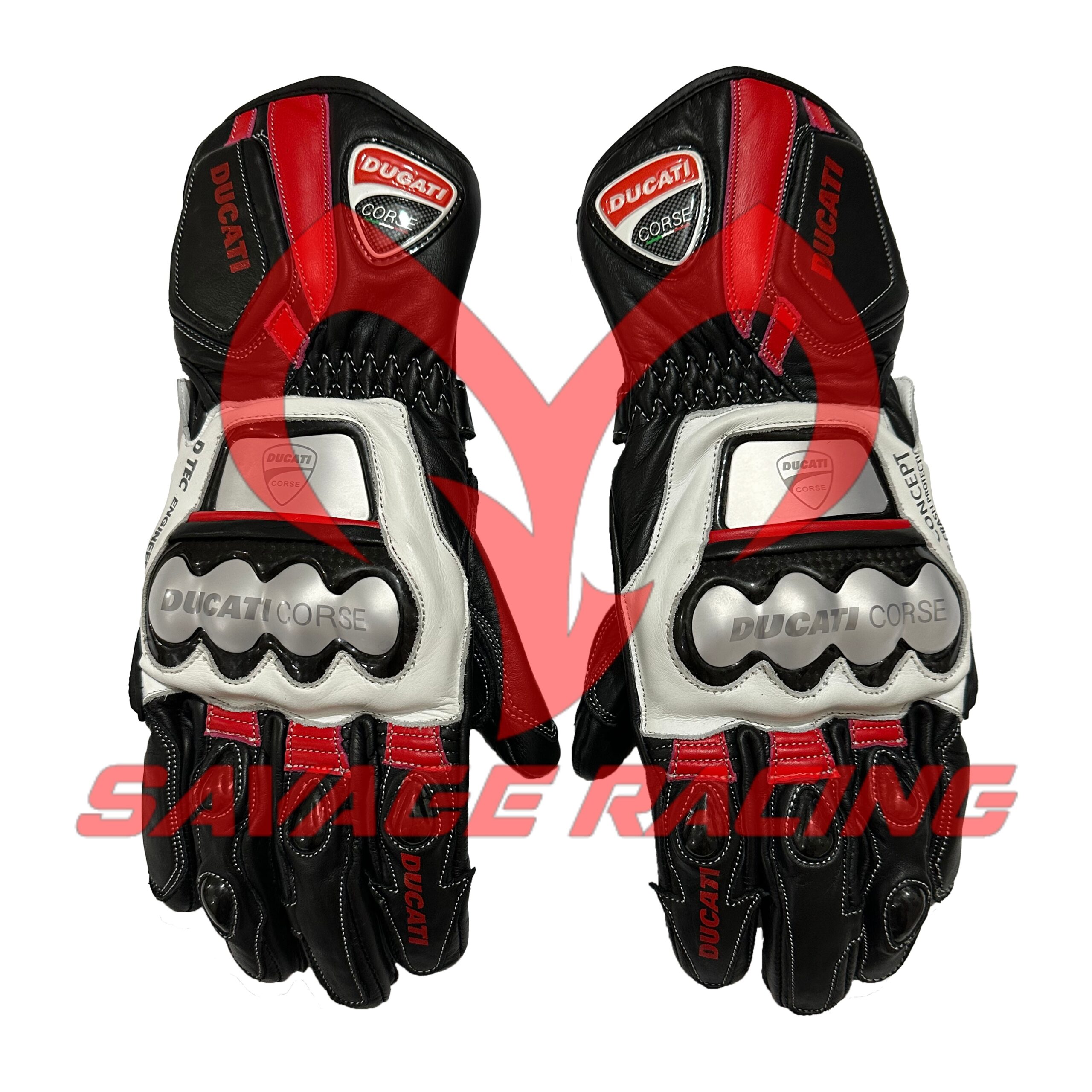 Ducati Corse Gloves – Race-Grade Carbon Knuckle Armor & Bold Branding Front view of Ducati Corse motorcycle gloves with red-black-white color scheme