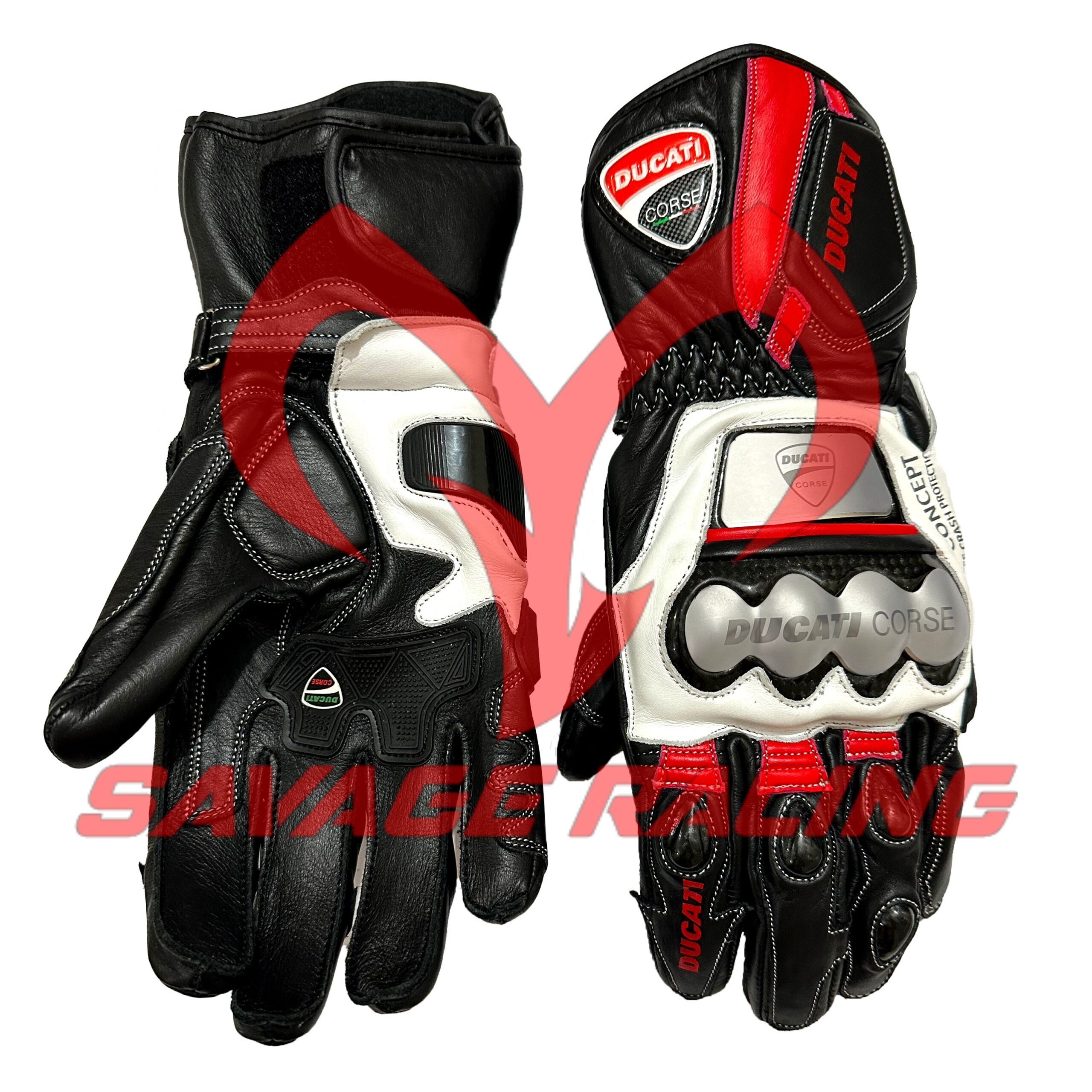 Ducati Racing Gloves – Carbon Armor and Ergonomic Palm Combo Split view of Ducati Corse racing gloves showing front and palm