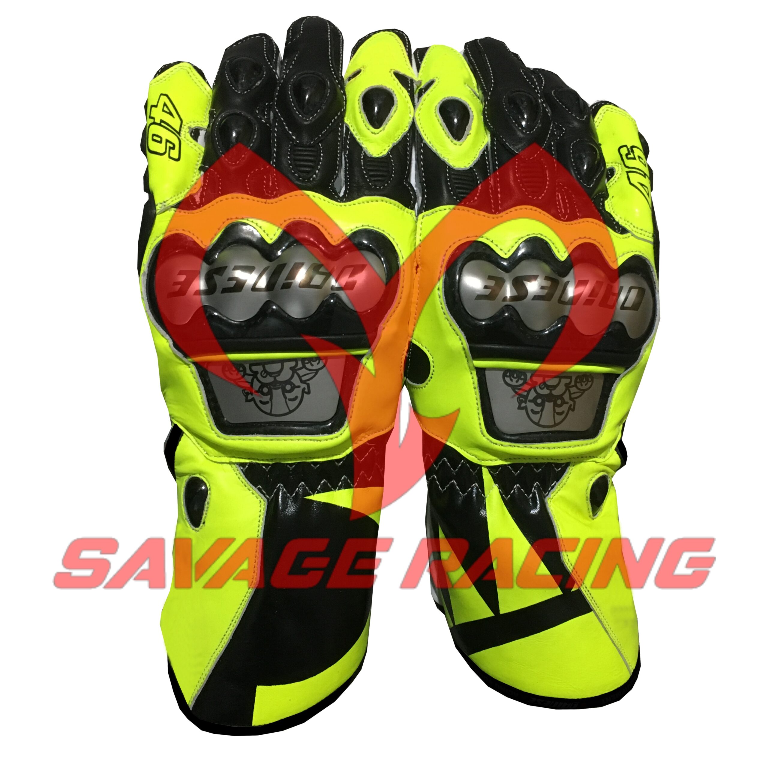 VR46 Valentino Rossi Leather Gloves 2019 Design Pair of VR46 Valentino Rossi gloves laid flat showcasing knuckle armor and signature graphic