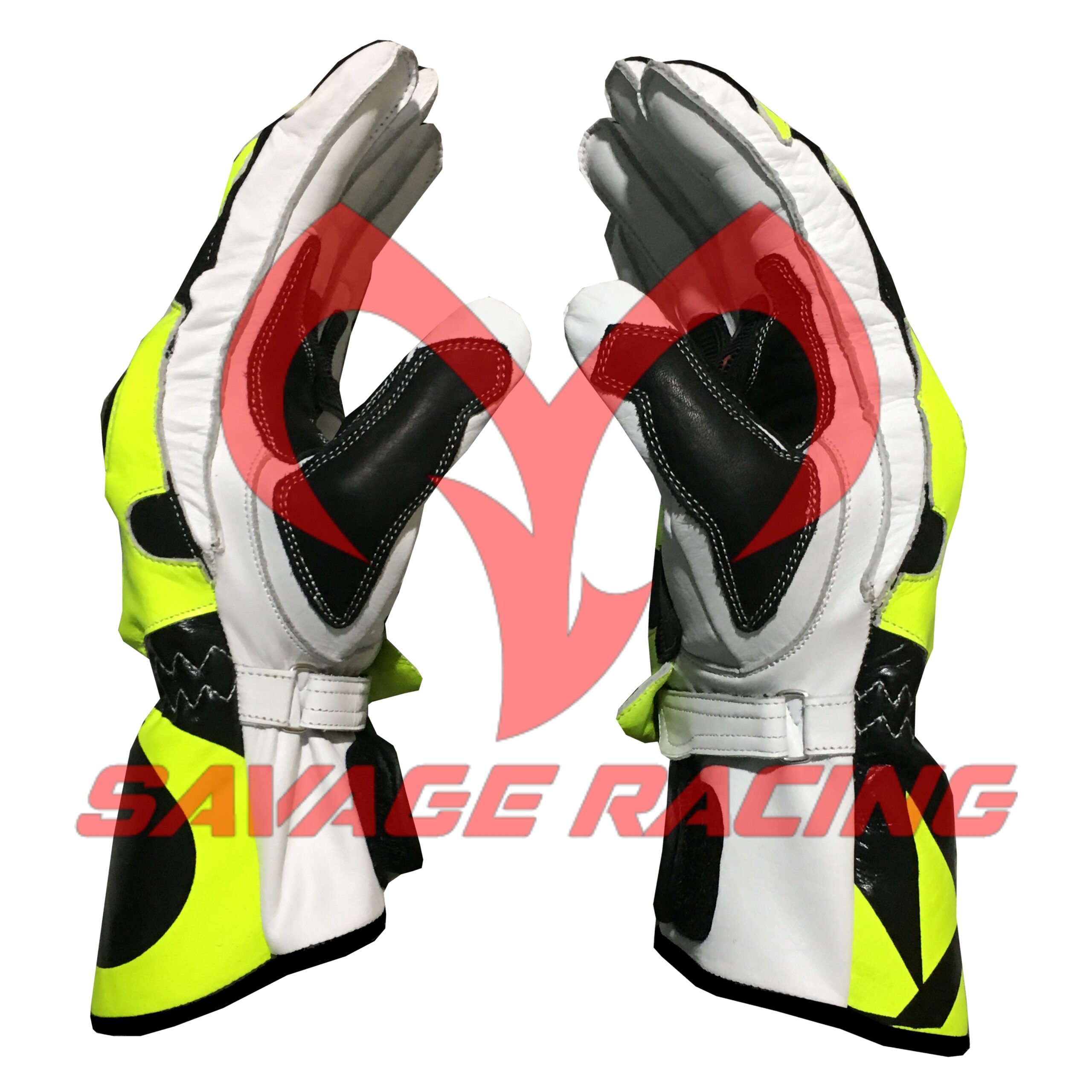Side Profile - Rossi VR46 Leather Race Gloves 2019 Side view of VR46 racing gloves showing aerodynamic leather structure and fastening system