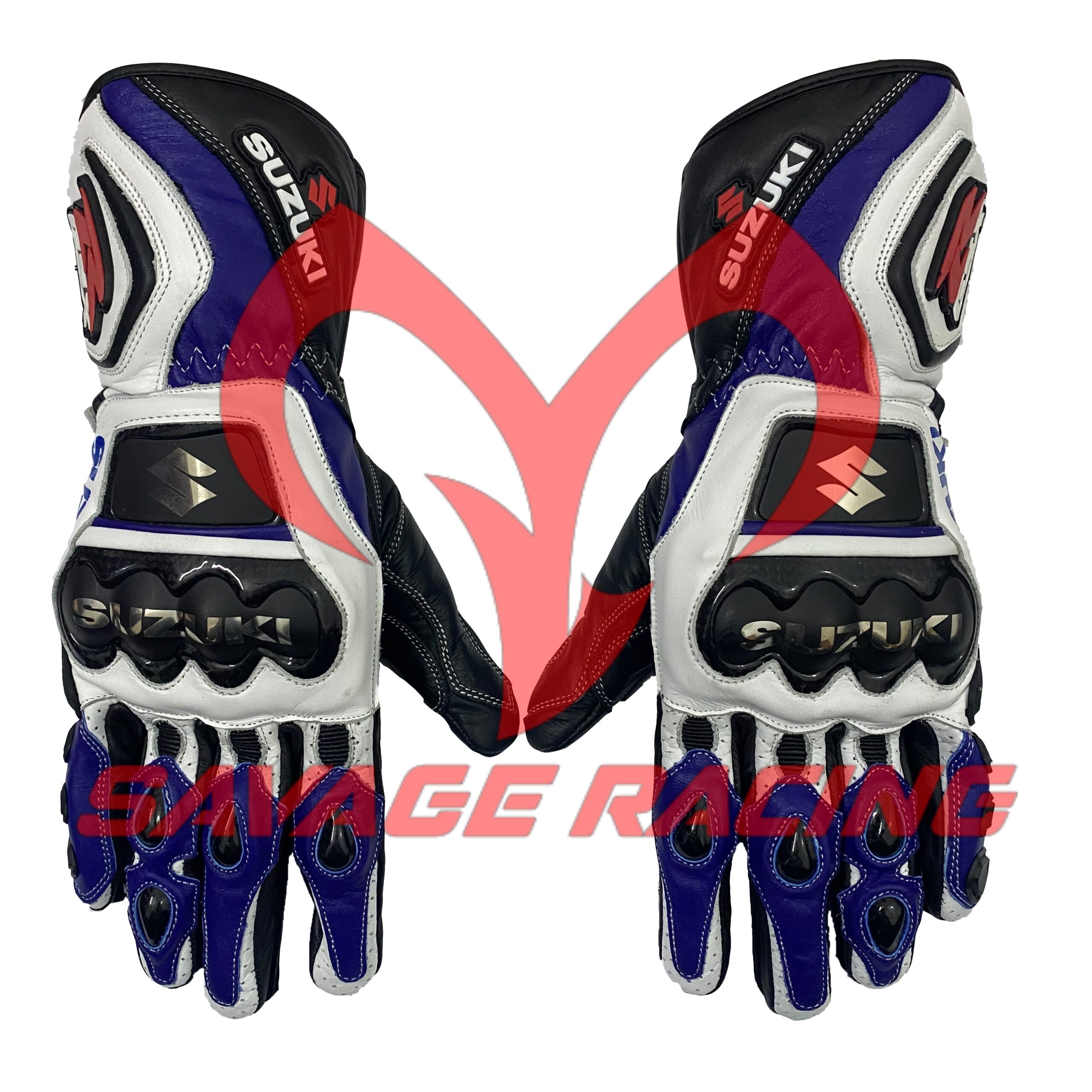 GSX-R Suzuki Motorbike Racing Gloves - Armored Front Design Suzuki GSX-R leather racing gloves front view with armored knuckles