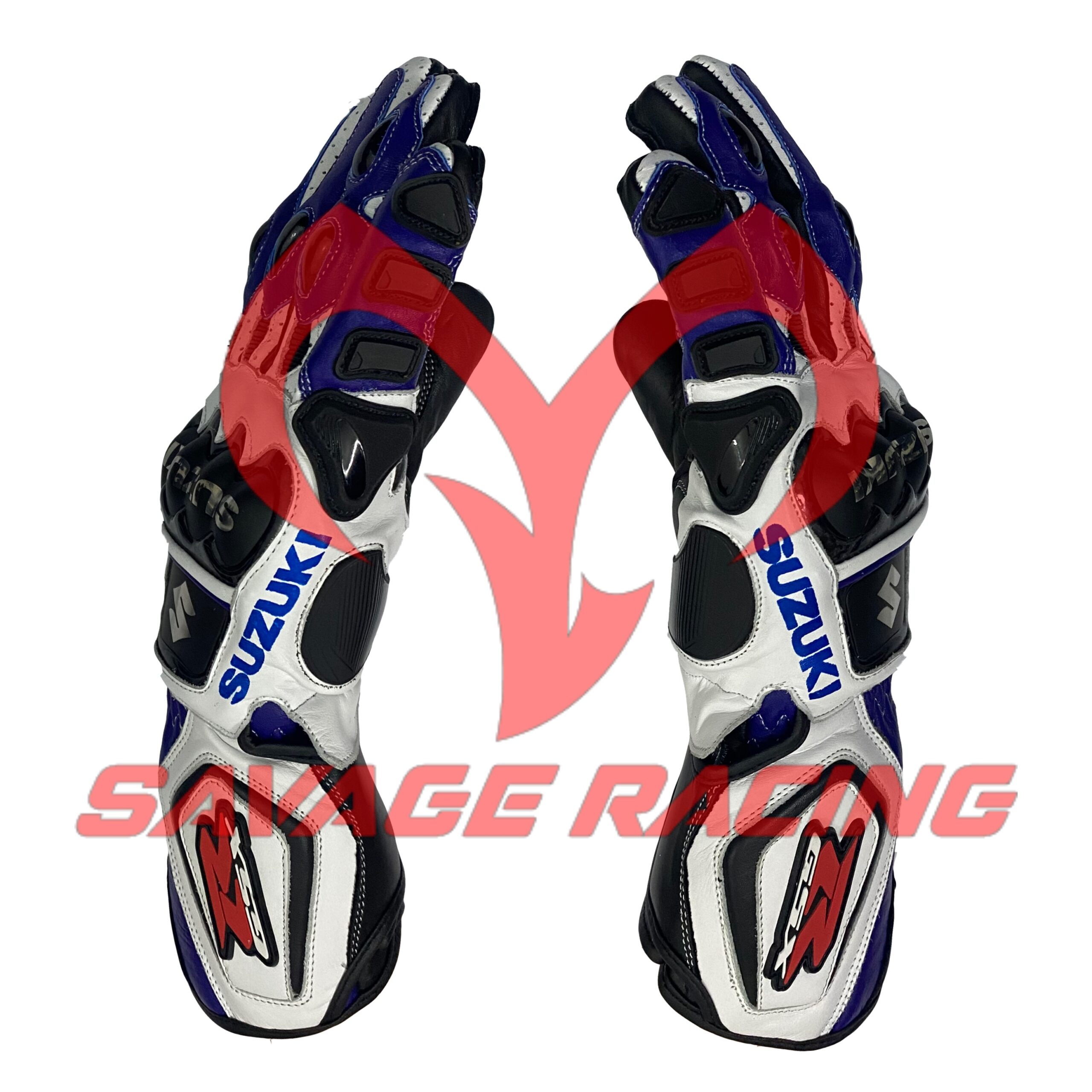 sukuzi-gsx-motorbike-racing-leather-gloves-7 Aggressive Suzuki GSX-R racing glove side angle showing protection details