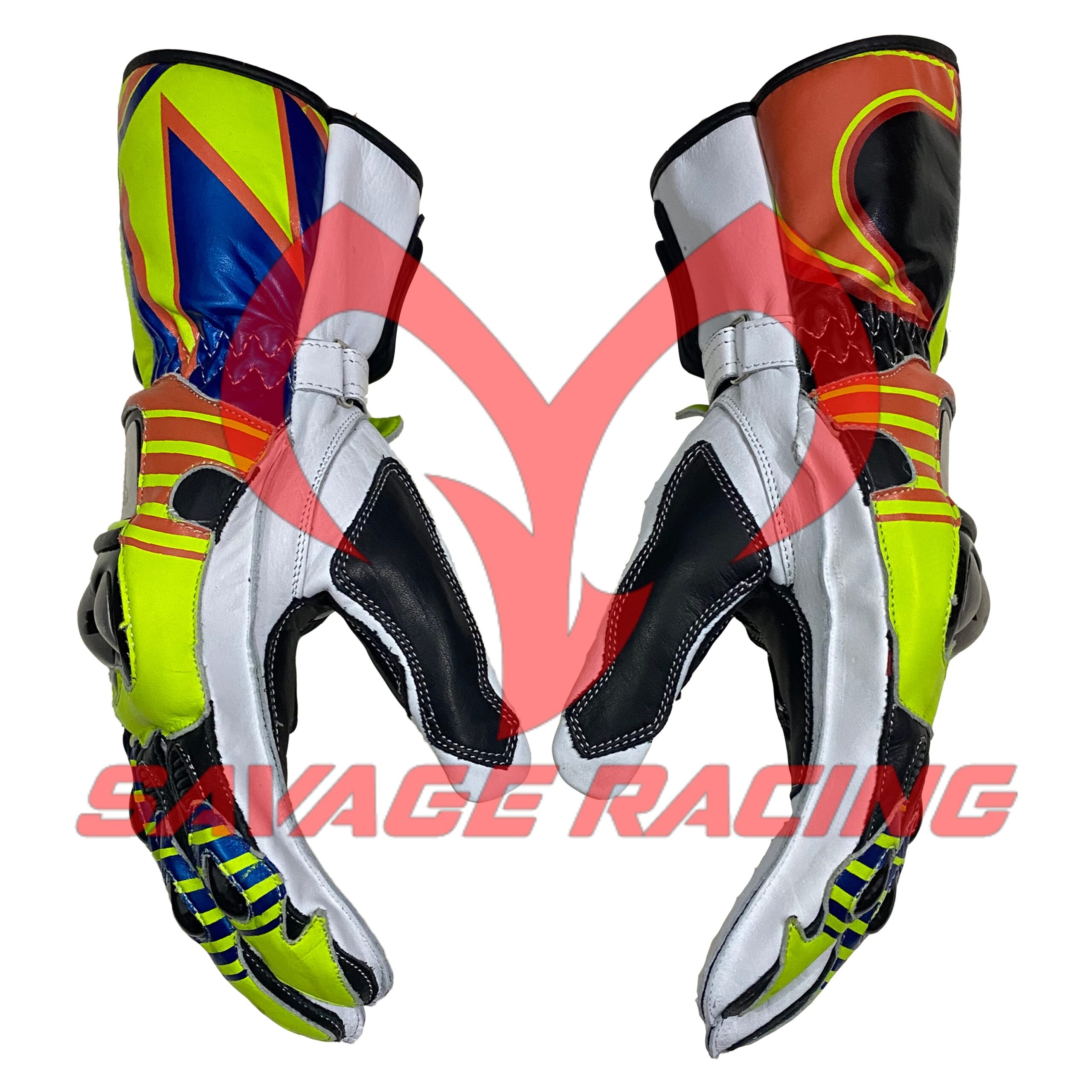 Valentino Rossi 2016 Racing Gloves – VR46 Side Branding View Valentino Rossi 2016 leather gloves showing VR46 branding and race-inspired wrist design