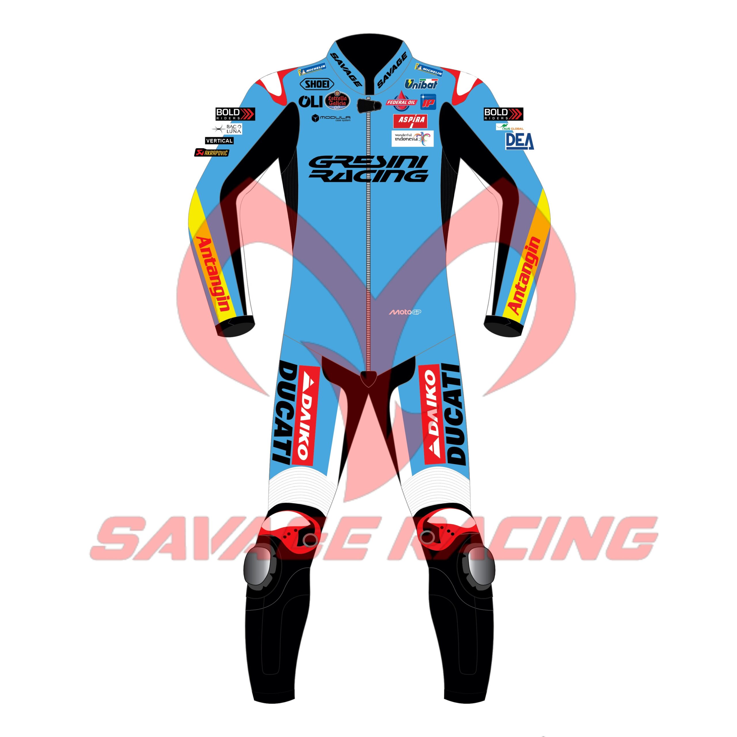 2025 Fermín Aldeguer Ducati MotoGP Suit – Front Angle Ducati Gresini MotoGP Leather Suit 2025 – Front Design View