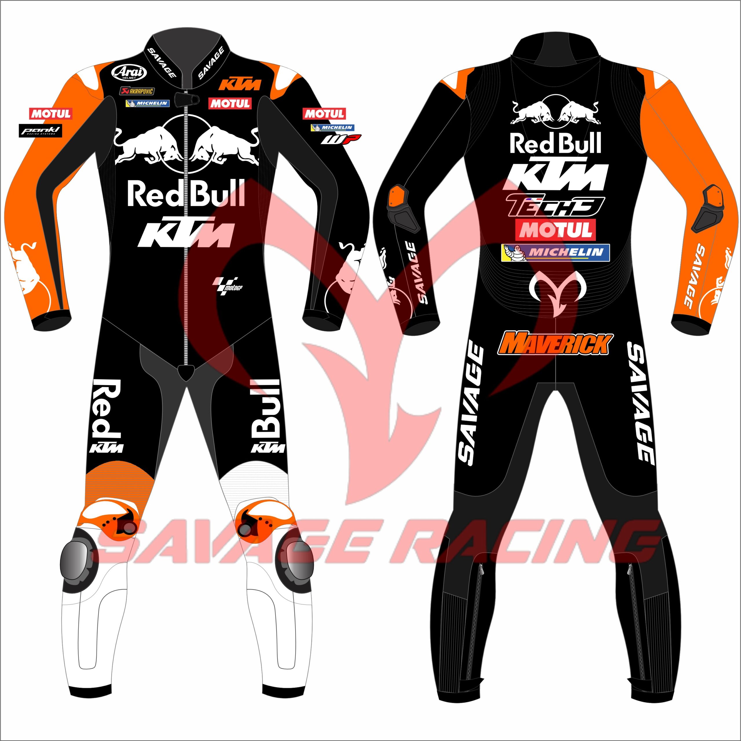 Maverick Viñales KTM Red Bull MotoGP 2025 Suit – Full Front & Back View Complete front and back view of Maverick Viñales 2025 Red Bull KTM MotoGP winter test leather racing suit