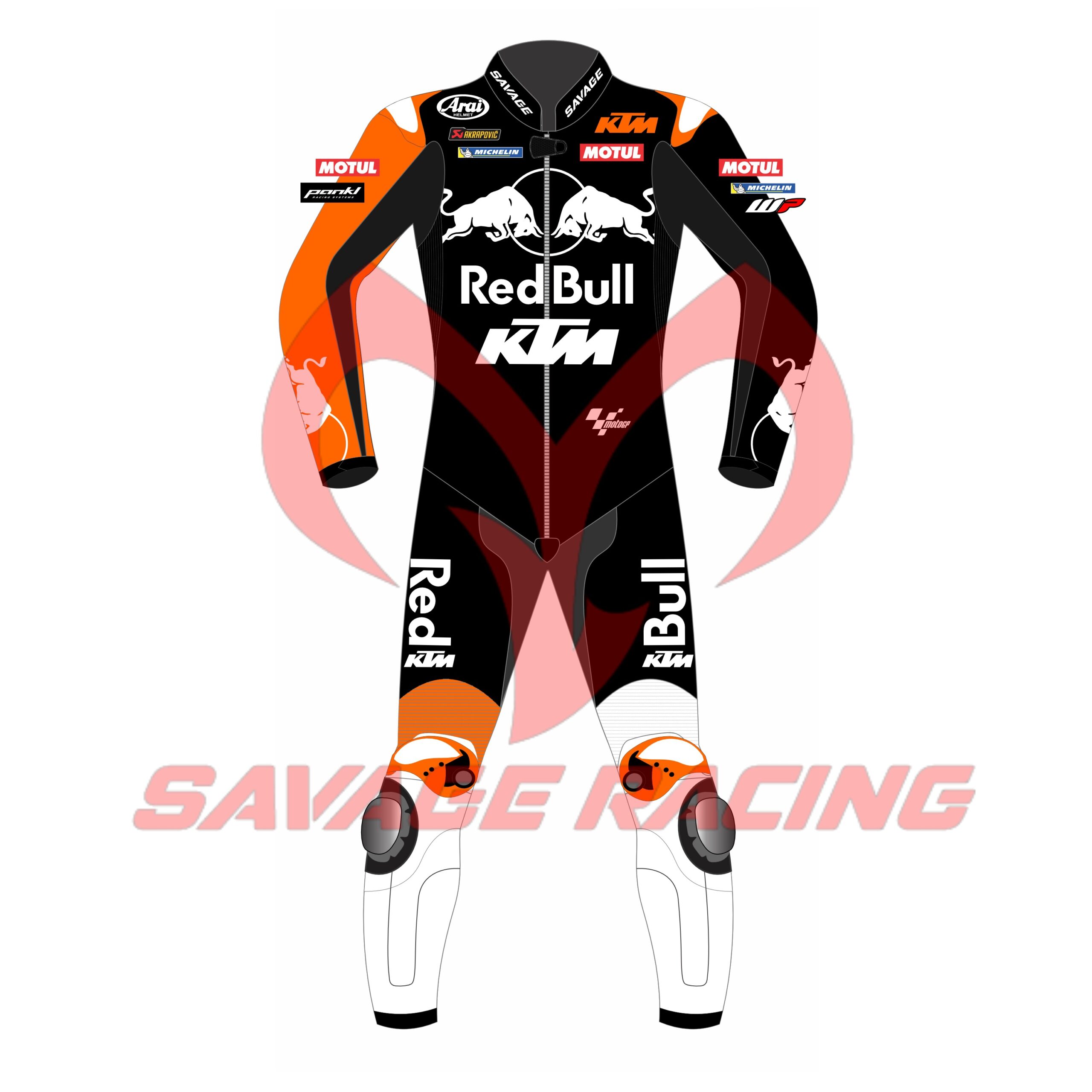Maverick Viñales 2025 KTM MotoGP Leather Suit – Front View Front view of Maverick Viñales KTM Red Bull MotoGP 2025 winter test leather racing suit