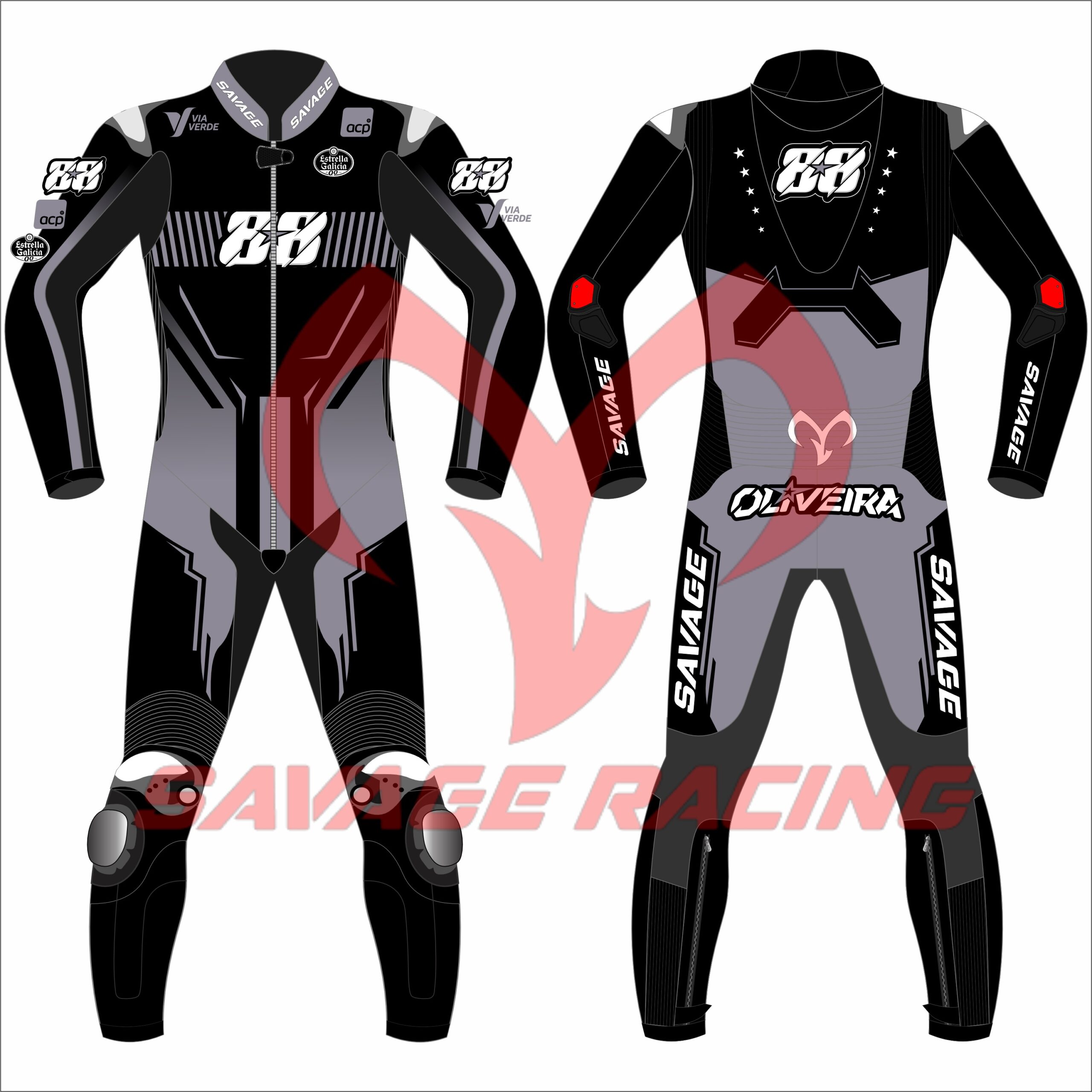 Miguel Oliveira Test MotoGP 2025 Racing Suit Full View Front and back view of Miguel Oliveira’s 2025 MotoGP test racing suit in grey and black with number 88 and sponsor logos