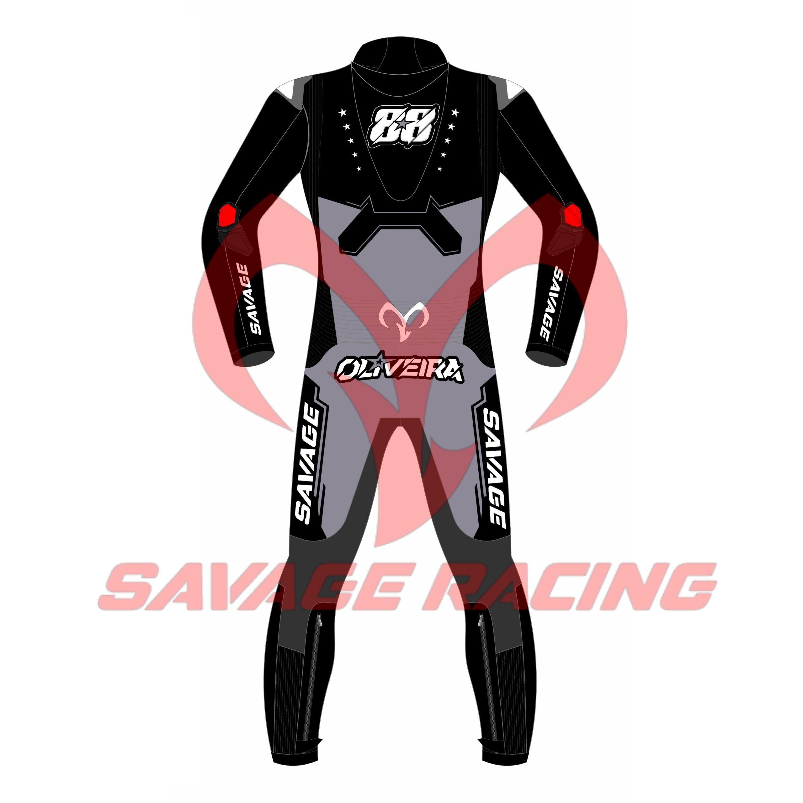 Miguel Oliveira MotoGP 2025 Test Suit Back View Back view of Miguel Oliveira's 2025 MotoGP test race suit in black and grey with "88 Oliveira" text and Savage branding